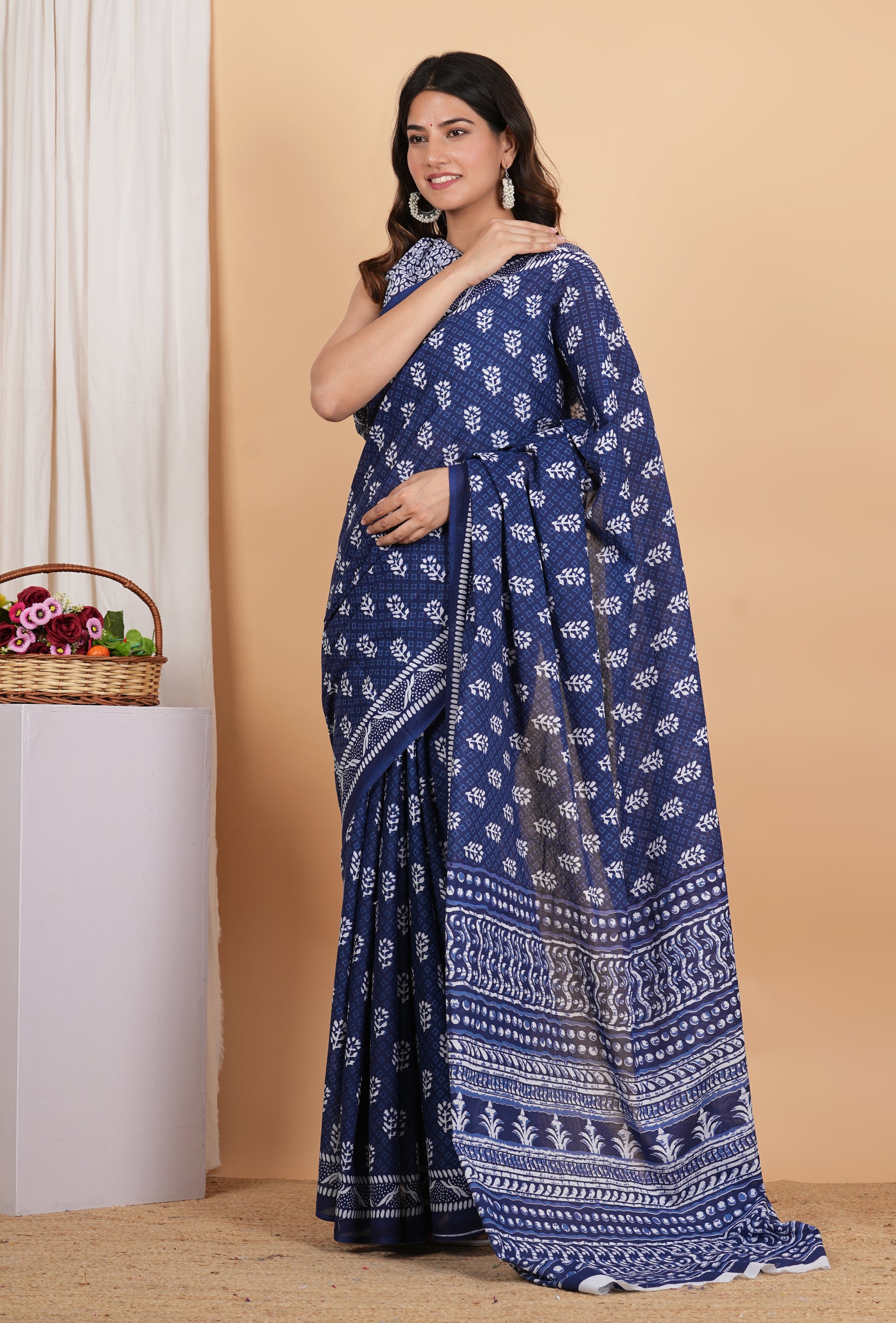 Indigo Buti Pure Soft Cotton Mulmul Saree With Blouse Piece