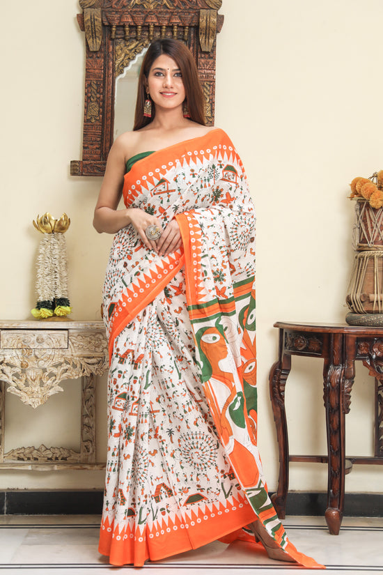 Orange Warli Pure Soft Cotton Mulmul Saree With Blouse Piece