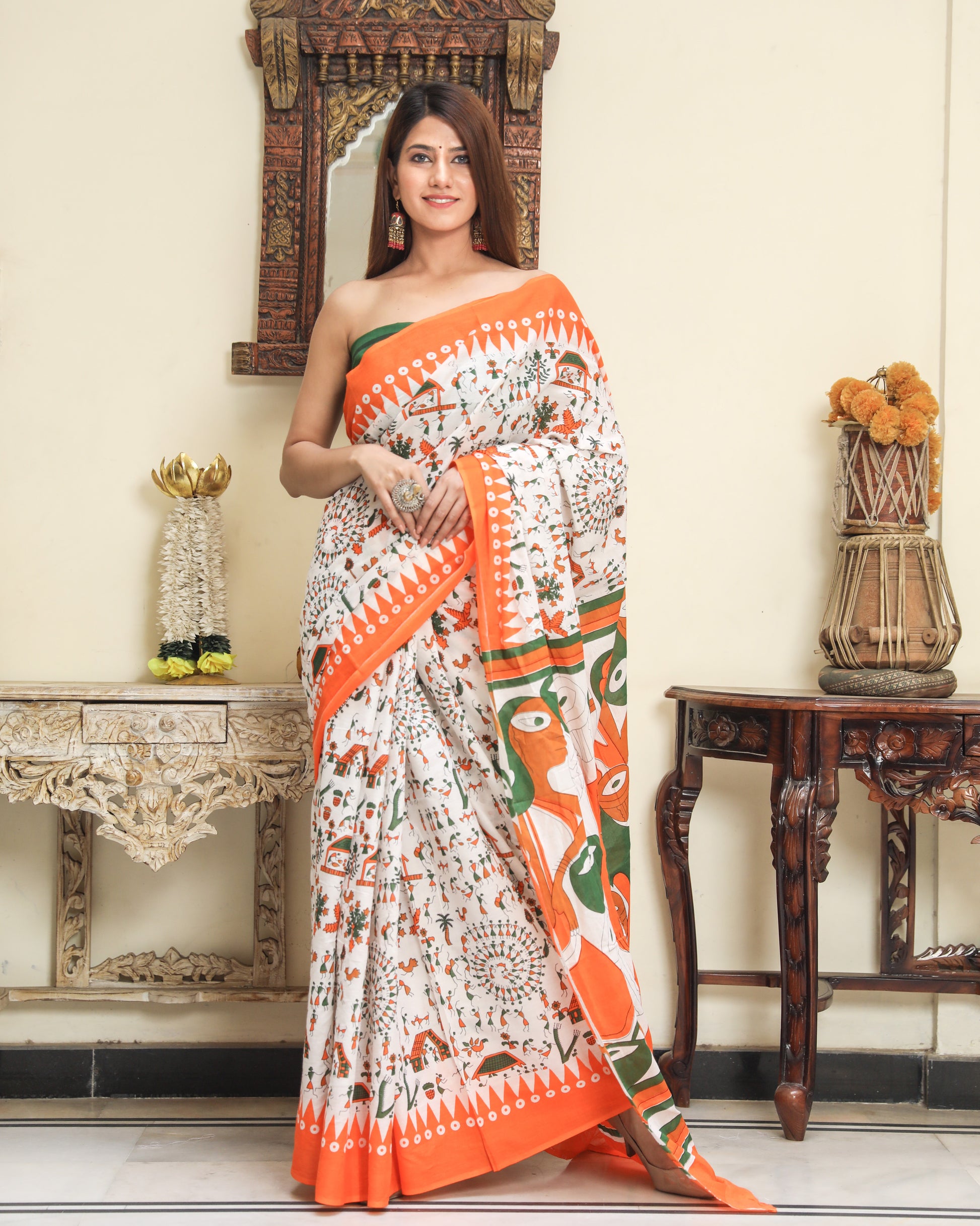 Orange Warli Pure Soft Cotton Mulmul Saree With Blouse Piece