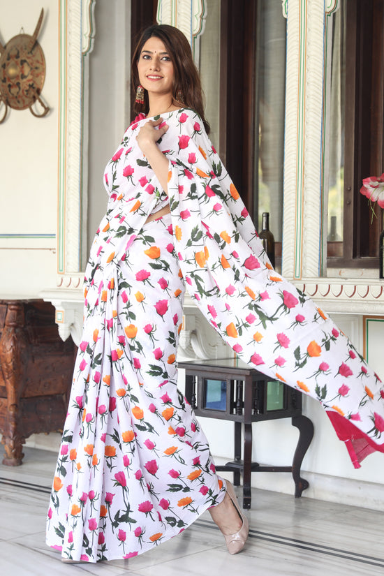 Pink Flower Cotton Mulmul Saree With Blouse Piece