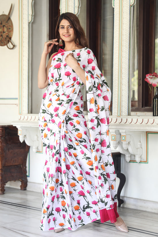 Pink Flower Cotton Mulmul Saree With Blouse Piece