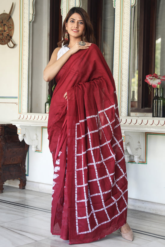 Maroon Jaipuri Print Pure Soft Cotton Murmul Saree With Blouse Piece