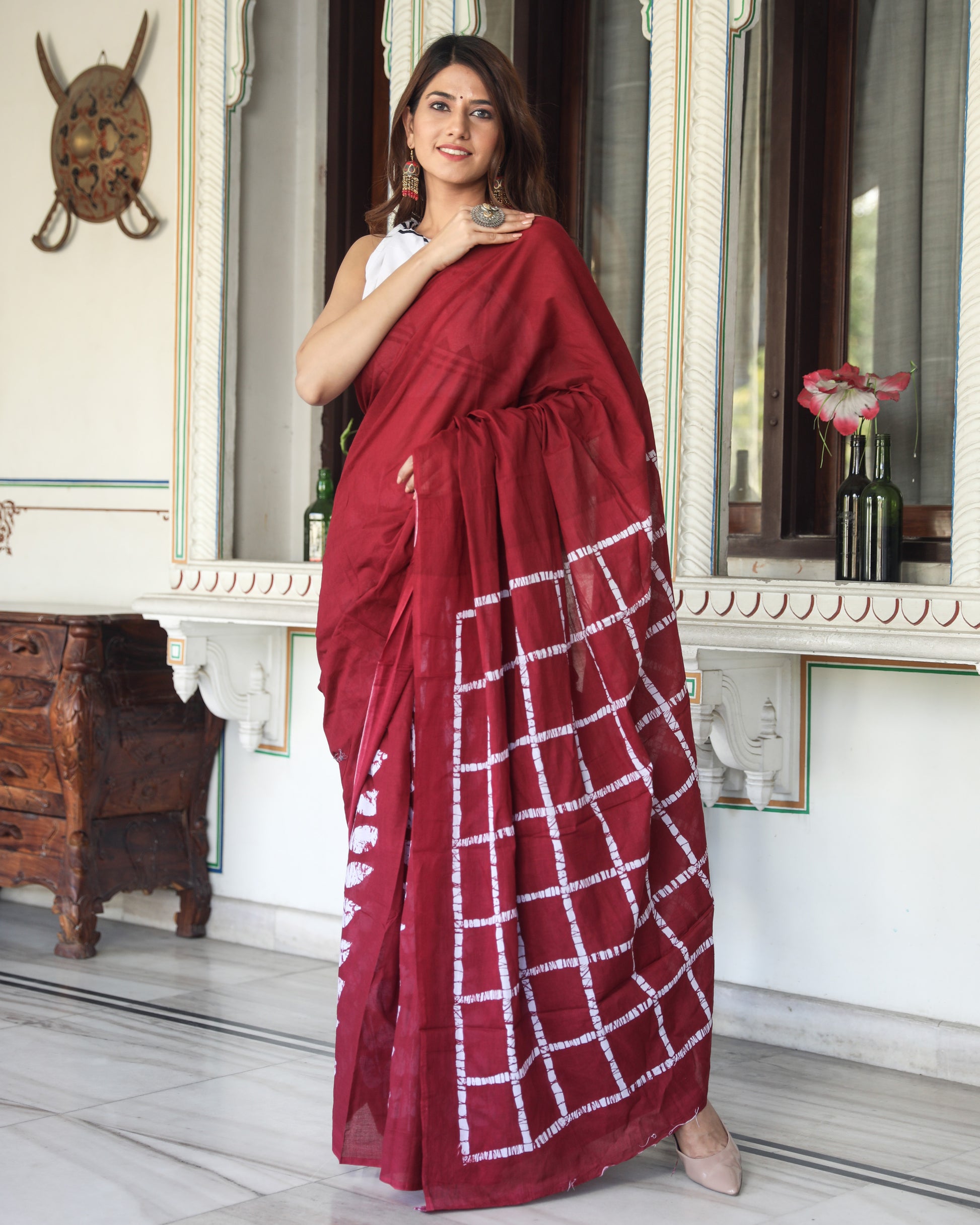 Maroon Jaipuri Print Pure Soft Cotton Murmul Saree With Blouse Piece