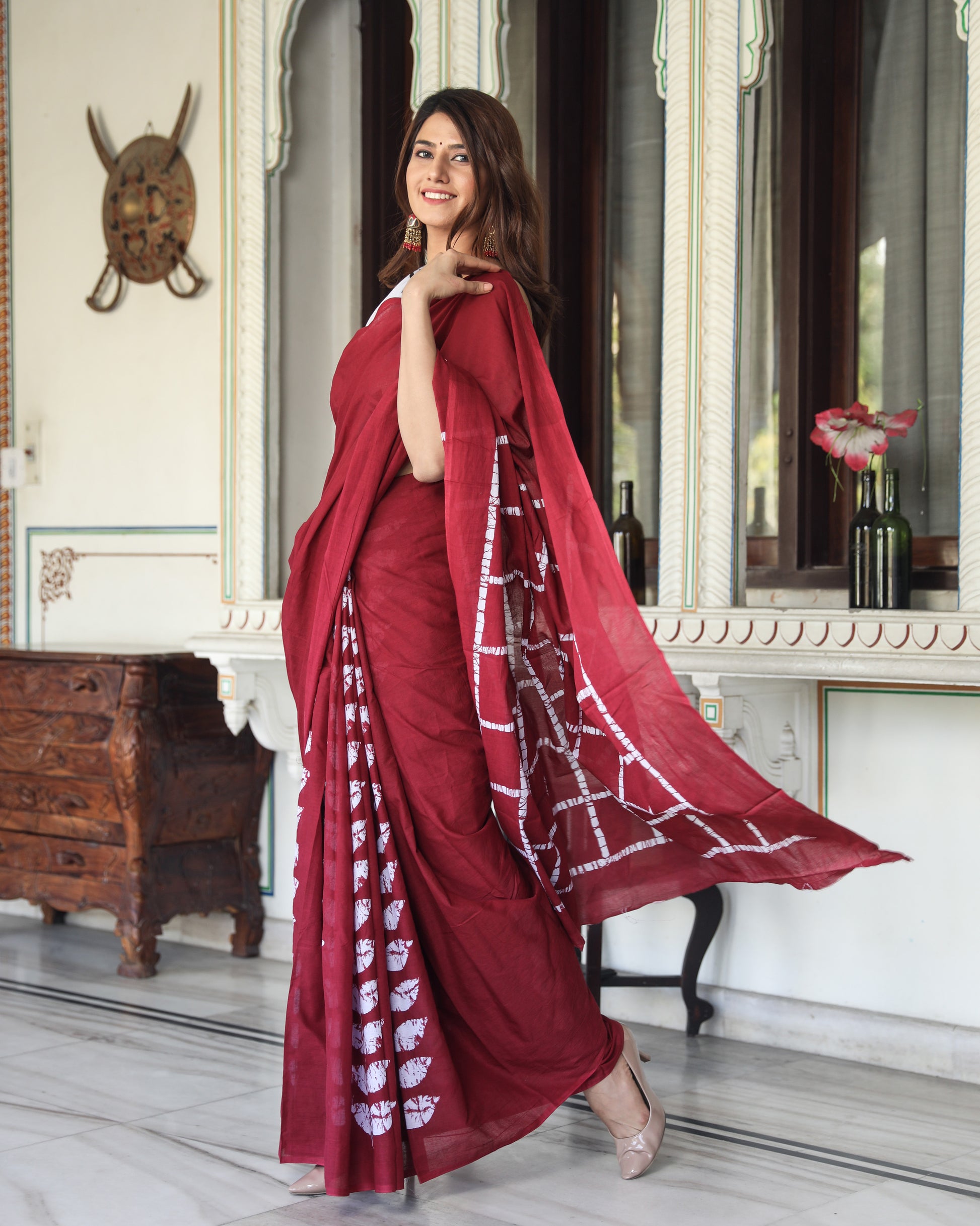Maroon Jaipuri Print Pure Soft Cotton Murmul Saree With Blouse Piece