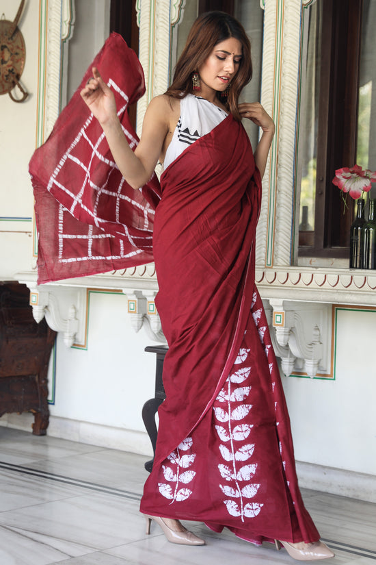 Maroon Jaipuri Print Pure Soft Cotton Murmul Saree With Blouse Piece