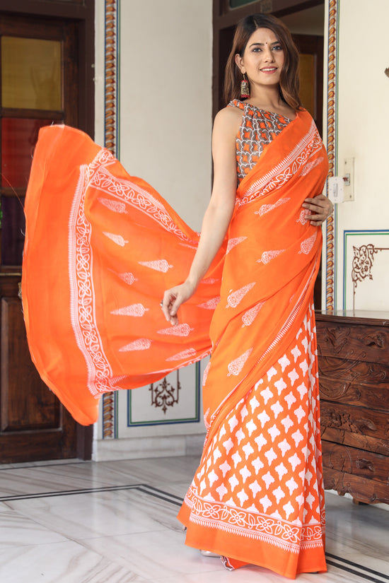 Pompom Lace Jaipuri/Bagru Print Pure Soft Cotton Mulmul Saree With Blouse