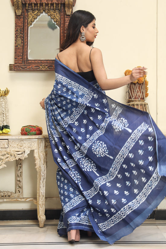 Pompom Lace Indigo Buti Jaipuri, Bagru Printed Pure Soft Cotton Mulmul Saree With Blouse Piece