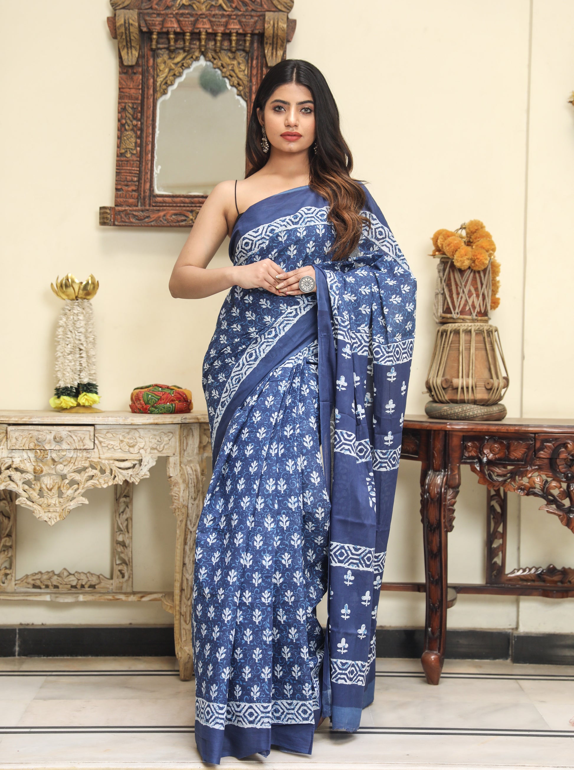 Pompom Lace Indigo Buti Jaipuri, Bagru Printed Pure Soft Cotton Mulmul Saree With Blouse Piece