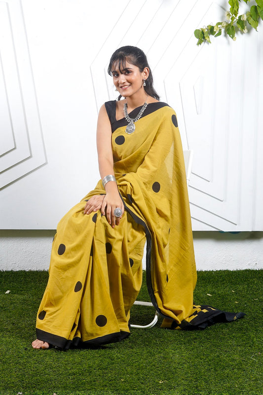 Golden Yellow cotton mulmul saree