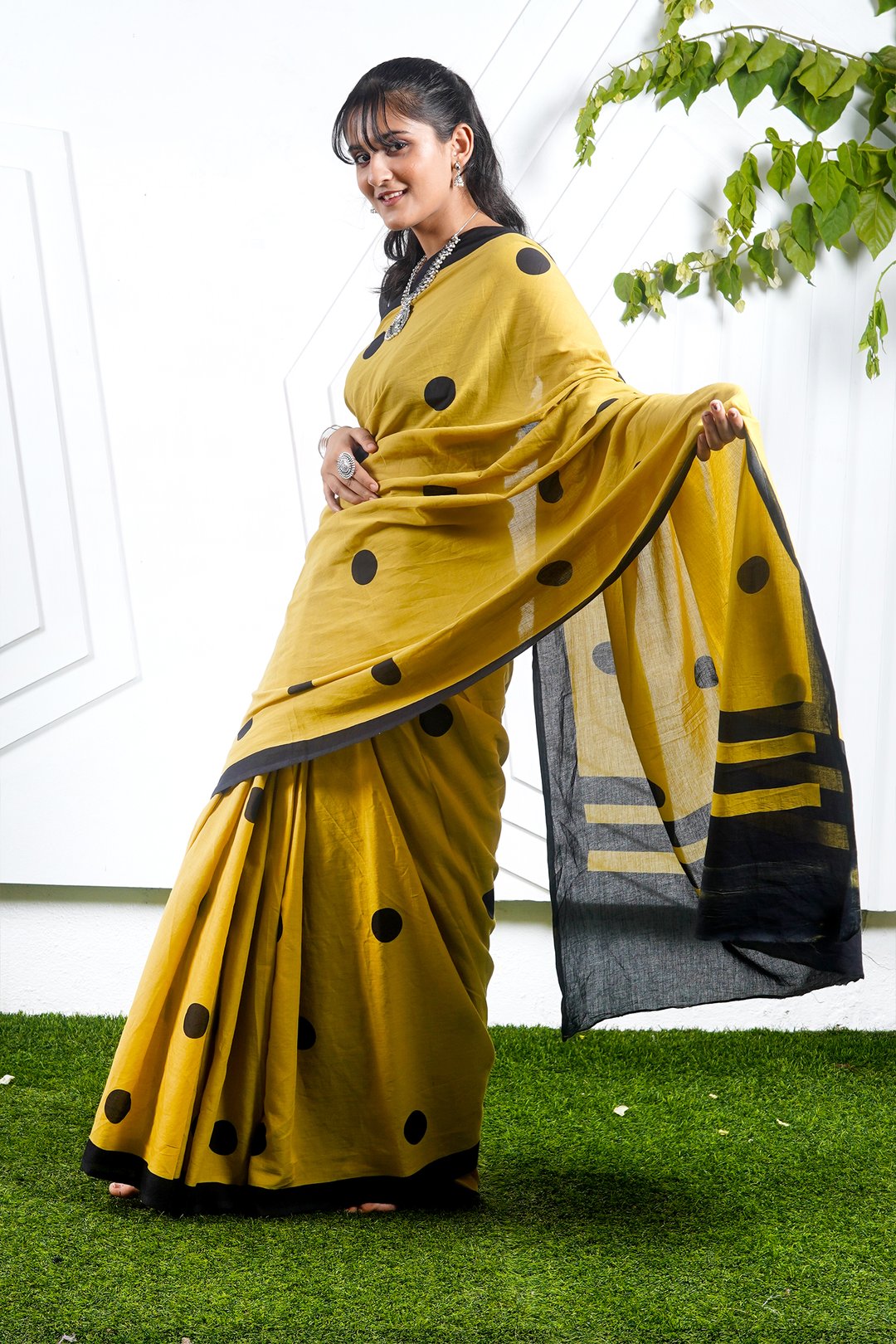Golden Yellow cotton mulmul saree