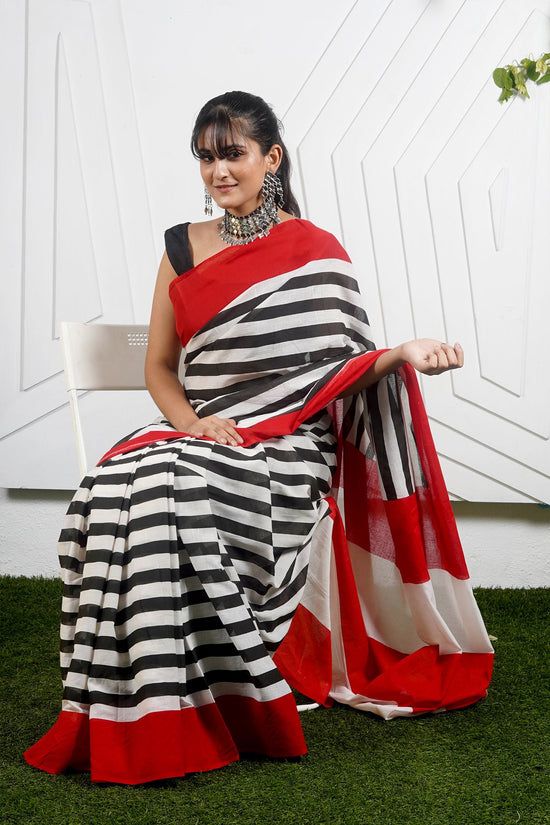 Cotton mulmul saree (black & White)