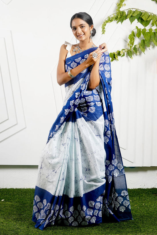 Cotton Mulmul Saree (Blue & White)