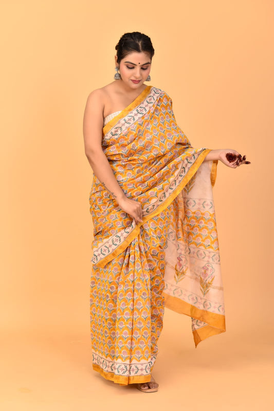 Yellow Pure Soft Cotton Mulmul Saree with Zari Border and Blouse Piece – Hand Block Printed with Organic Vegetable Dyes
