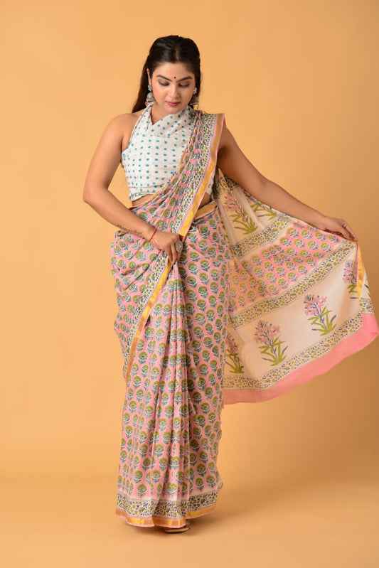 Pure Soft Cotton Mulmul Saree with Zari Border and Blouse Piece – Hand Block Printed with Organic Vegetable Dyes