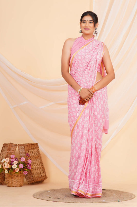 Pure Soft Cotton Mulmul Saree with Zari Border and Blouse Piece – Hand Block Printed with Organic Vegetable Dyes