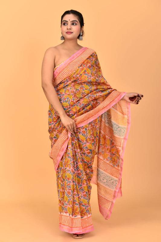 Dark Yellow Pure Soft Cotton Mulmul Saree with Zari Border and Blouse Piece – Hand Block Printed with Organic Vegetable Dyes