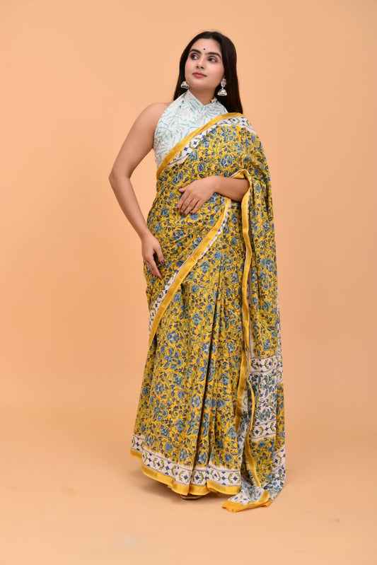 Pure Soft Cotton Mulmul Saree with Zari Border and Blouse Piece – Hand Block Printed with Organic Vegetable Dyes