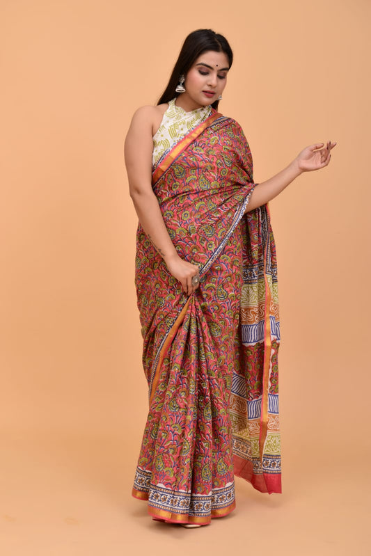 Pure Soft Cotton Mulmul Saree with Zari Border and Blouse Piece – Hand Block Printed with Organic Vegetable Dyes