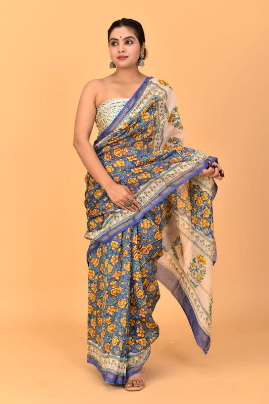 Pure Soft Cotton Mulmul Saree with Zari Border and Blouse Piece – Hand Block Printed with Organic Vegetable Dyes