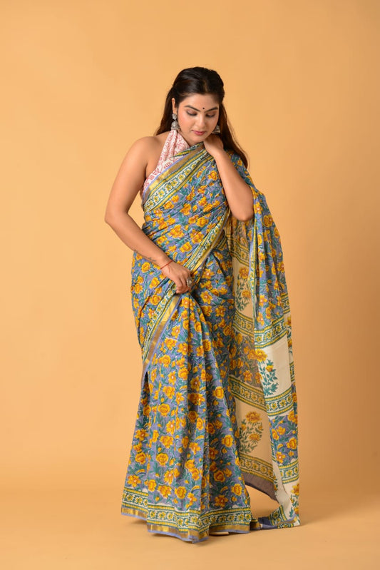 Pure Soft Cotton Mulmul Saree with Zari Border and Blouse Piece – Hand Block Printed with Organic Vegetable Dyes