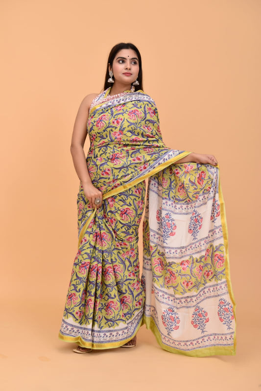 Pure Soft Cotton Mulmul Saree with Zari Border and Blouse Piece – Hand Block Printed with Organic Vegetable Dyes