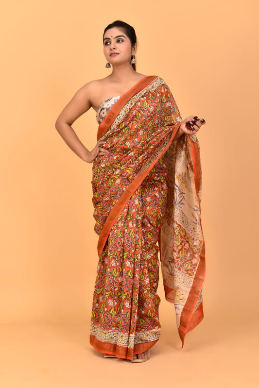 Pure Soft Cotton Mulmul Saree with Zari Border and Blouse Piece – Hand Block Printed with Organic Vegetable Dyes