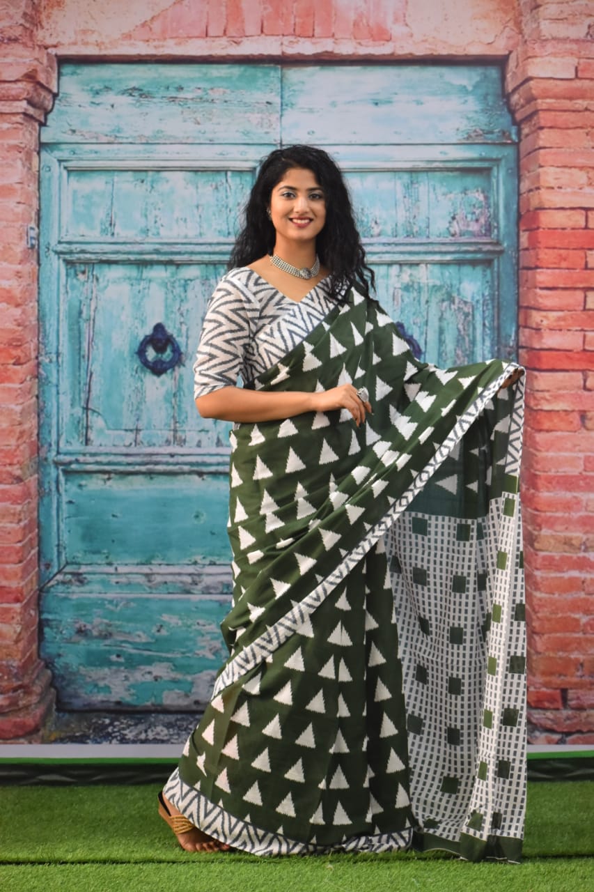 Pompom Lace Jaipuri Print Pure Soft Cotton Mulmul Saree With Blouse Piece