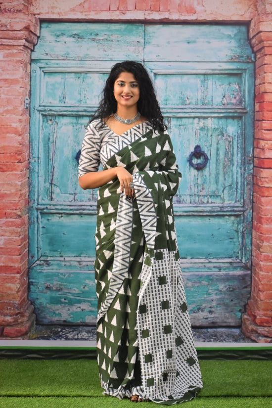 Pompom Lace Jaipuri Print Pure Soft Cotton Mulmul Saree With Blouse Piece