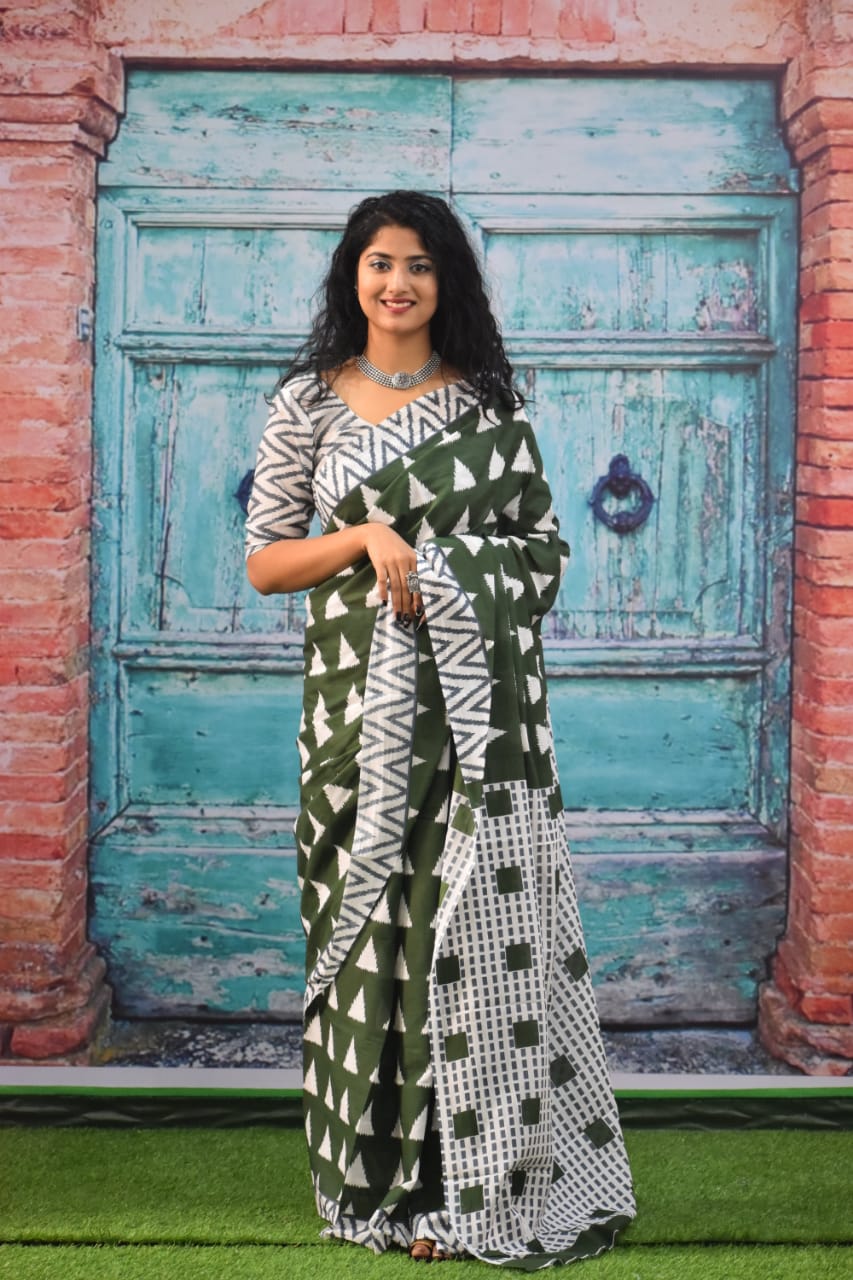 Pompom Lace Jaipuri Print Pure Soft Cotton Mulmul Saree With Blouse Piece