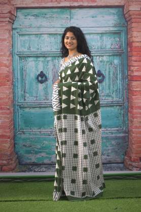 Pompom Lace Jaipuri Print Pure Soft Cotton Mulmul Saree With Blouse Piece