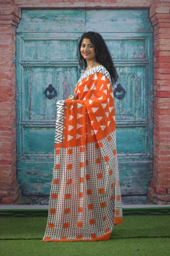 Pompom Lace Jaipuri Print Pure Soft Cotton Mulmul Saree With Blouse Piece (Orange)