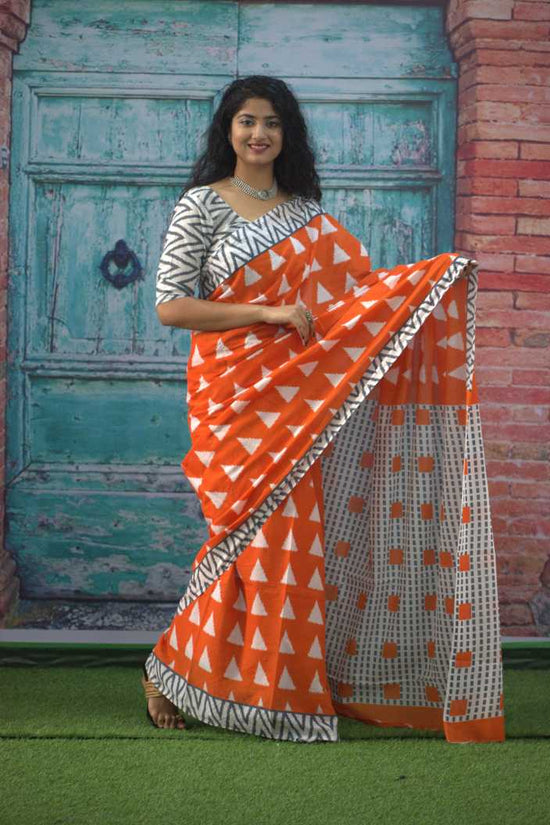 Pompom Lace Jaipuri Print Pure Soft Cotton Mulmul Saree With Blouse Piece (Orange)