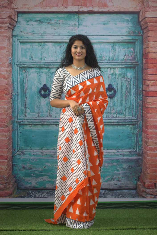 Pompom Lace Jaipuri Print Pure Soft Cotton Mulmul Saree With Blouse Piece (Orange)