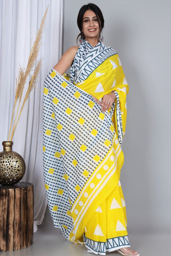 Pompom Lace Yellow Triangle Jaipuri/Bagru Print Pure Soft Cotton Mulmul Saree With Blouse Piece