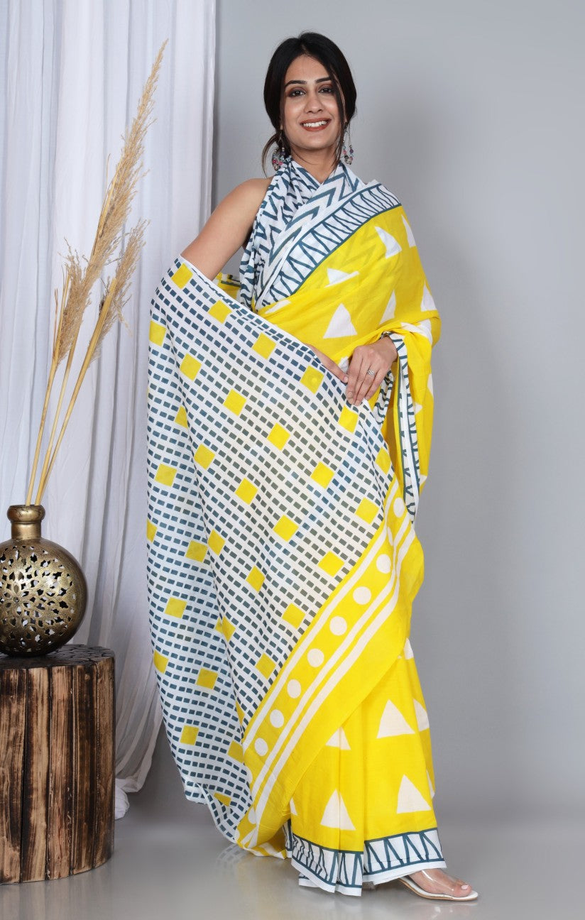 Pompom Lace Yellow Triangle Jaipuri/Bagru Print Pure Soft Cotton Mulmul Saree With Blouse Piece