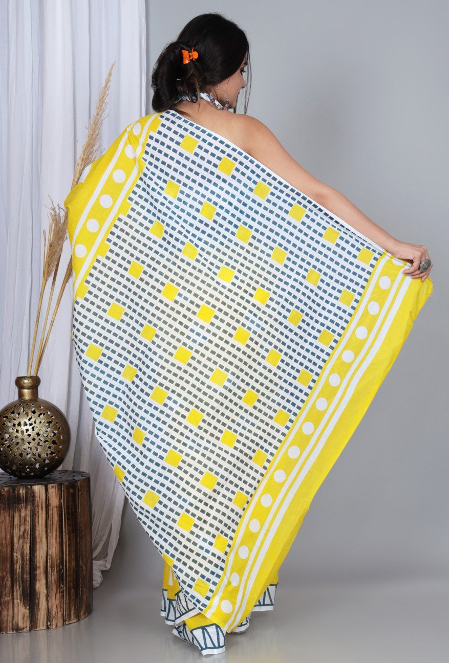 Pompom Lace Yellow Triangle Jaipuri/Bagru Print Pure Soft Cotton Mulmul Saree With Blouse Piece